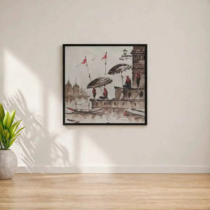 Peinture acrylique peinte à la main de paysage de Banaras Ghat, style classique, œuvre d'art d'intérieur, drapeaux rouges, peinture artisanale sur toile. - Product Image 3