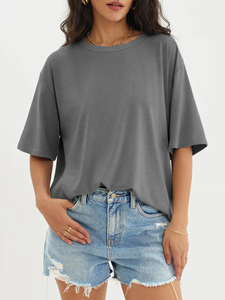 Wholesale Organic Cotton Vintage Womens Round Neck Short Sleeve Loose Fit T-shirt Custom Printing Logo Blank Plain for Ladies - Product Image 3