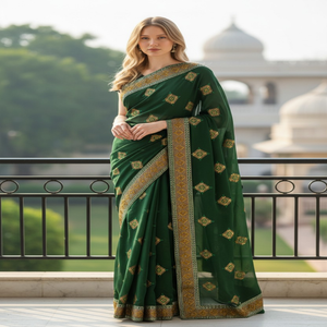Newest Stunning Green Saree Anti-static Lightweight Florals Pattern Women's - Product Image 1