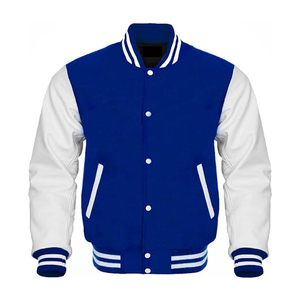 Blue White Varsity <b>Jacket</b> <b>Men</b> Preppy Style Regular Fit Turn-down Collar Button Closure Autumn Wear - Product Image 6
