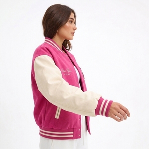 Custom Pink <b>Jacket</b> Women's <b>Letterman</b> <b>Jacket</b> With Cream Sleeves Embroidered Streetwear Bomber <b>Jacket</b> - Product Image 3