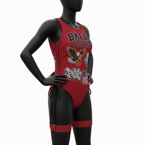 Traje de baño para mujer, 235 GSM, mezcla suave de nailon y spandex, rojo carmesí, panel en contraste, logotipo personalizado con transferencia térmica. - Product Image 3