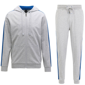 Survêtement gris bleu rayé pour homme, à capuche, fermeture éclair, manches longues, décontracté, sport, adulte, automne, respirant, 100% coton, coupe classique - Product Image 1