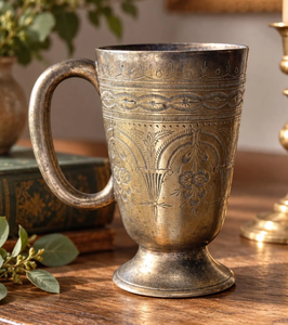 Mug vintage en argent plaqué, gravé de motifs floraux, avec poignée et base sur pied. Magnifique carafe en laiton doré poli, au design traditionnel raffiné. - Product Image 4