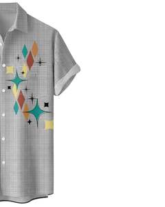 Camisa de Manga Corta con Botones y Estampado Geométrico Retro Gris Claro, Ropa Casual de Verano para Hombre, Fabricante OEM, Suministro al por Mayor - Product Image 4