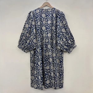 Vestido Casual Midi de Algodón Tejido con Estampado Floral para Mujer, Mangas Abullonadas, Cintura Imperio, Estilo Babydoll, Cuello en V, Corte Holgado - Product Image 3