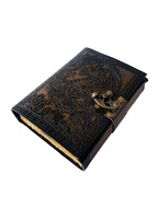 Celtique Antique Grand Dragon En Relief Charbon De Bois En Cuir Véritable Couverture Rigide Carnet Vierge Deckle Bord Papiers En Laiton Antique C-Lock