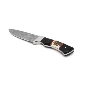 Cuchillo de Caza de Acero de Damasco Hecho a Mano Personalizado, Hoja Recta con Punta Caída y Mango de Asta de Ciervo, Funda de Cuero OEM - Product Image 4
