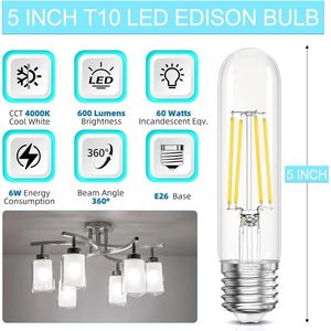 Lampadina LED Edison Tubolare Dimmerabile 4000K Bianco Neutro 6W Equivalente a 60 Watt E26, Lampadine LED T10 per Lampadari - Product Image 2
