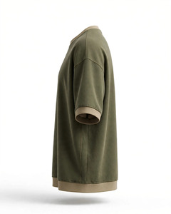 Men's Oversized 100% Cotton <b>T</b>-<b>Shirt</b> <b>Olive</b> <b>Green</b> Short Sleeve Contrast Trim O Neck Casual Knit Top - Product Image 5