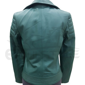 Veste moto élégante pour femme en toile et cuir d'agneau vert myrte, manches matelassées, fermeture éclair intégrale, imperméable, coupe-vent, automne-hiver - Product Image 5