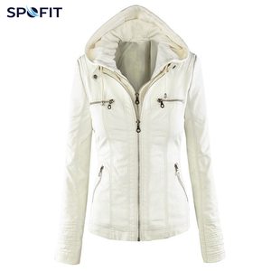 Blouson à capuche personnalisé pour femme, coupe ajustée décontractée, coupe-vent, fermeture éclair, en cuir PU avec capuche amovible, automne, OEM ODM - Product Image 5
