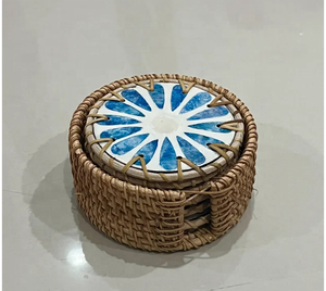 ชุดที่รองแก้วทรงกลม6ชิ้นสำหรับใส่เครื่องดื่มแก้วแบบฝังมุกลายดอกไม้สีเขียว - Product Image 4