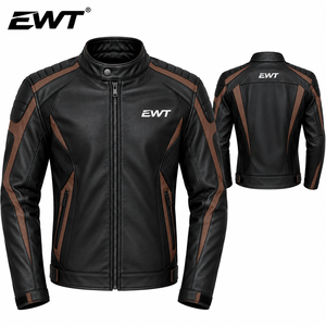 Veste de moto slim pour homme EWT en cuir synthétique PU, avec blocs de couleur, patchwork, fermeture éclair, col montant, finition 360g - Product Image 3