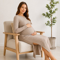 Robe de maternité en maille côtelée à manches longues, longueur mi-mollet, style fourreau, couleur naturelle, tissu respirant en élasthanne, coupe ajustée