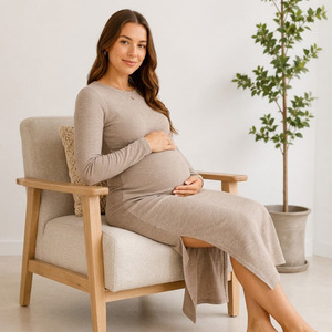 Vestido de Maternidad de Manga Larga con Tejido Acanalado, Largo hasta la Pantorrilla, Cuello Redondo, Estilo Tubo, Color Natural, Transpirable, Tejido Modal con Spandex - Product Image 2