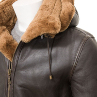 Herren Echtleder-Jacke mit Kapuze und Kunstfell-Futter Winddichte Motorrad-Bikerjacke Wintermantel