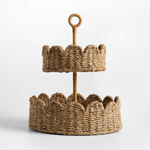 Handmade Seagrass 2 Tier Fruit <b>Basket</b> Stand <b>Wicker</b> Serving Tray With Scallop For Kitchen Countertop Party Display Storage Decor - Product Image 2