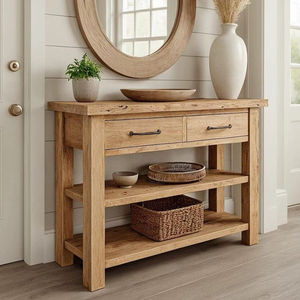 โต๊ะคอนโซลไม้เนื้อแข็งคุณภาพพรีเมียมพร้อมลิ้นชักเก็บของสองช่องและชั้นวางแบบเปิดสองชั้น เฟอร์นิเจอร์ทางเข้าบ้านสไตล์เรียบง่าย - Product Image 1