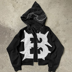 Sweat à capuche pour homme effet vieilli avec broderie en fil de satin, 100% coton molletonné épais, streetwear d'hiver - Product Image 1