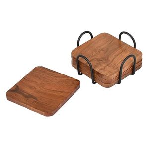 Support de sous-verres en bois artisanal avec cadre métallique, lot de 4, pour la protection des plans de travail, organisateur de sous-verres rustique en bois - Product Image 2