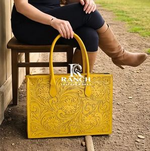 High Quality Genuine Leather Handmade Laptop Tote <b>Bag</b> with Zipper Closure <b>Yellow</b> Solid Pattern Western Style - Product Image 3