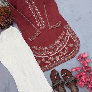 Conjunto de pantalón palazzo de seda romana pura premium con bordados, mangas elegantes y diseño completamente cosido. Este elegante conjunto es étnico. - Product Image 6