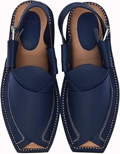 รองเท้าแตะแบบดั้งเดิมของชาวมุสลิม เชอรี อิสลามิก ฟุตแวร์ แฟลต สีน้ำเงิน ทำจากหนัง รองเท้าสำหรับงานแต่งงาน ชนเผ่าอัฟกานิ คาน นอร์โซซี เปชาวารี ชาปปาล - Product Image 4
