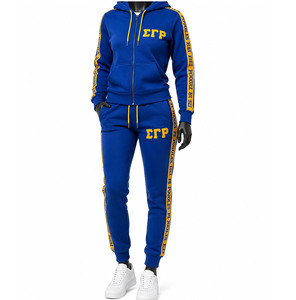 Conjunto Deportivo Ecológico 100% Algodón Azul para Mujer de Sigma Gamma Rho, Sudadera con Capucha y Cremallera Completa, Pantalones Deportivos con Letras Griegas Amarillas y Dobladillo Lateral Dividido - Product Image 1
