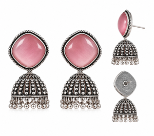 Women's Pink <b>Oxidized</b> Silver Imitation Pearl Drop Jhumka Earrings | Handmade Ethnic Antique Silver Plated Brass Zinc Alloy Boho - Product Image 1