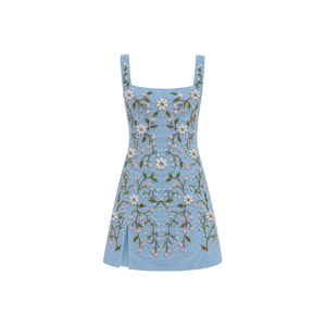 Robe Courte Sans Manches Vert Clair à Col Carré et Coupe Trapèze avec Broderie Palmiers et Motif Géométrique, Style Maillot de Bain Moulant – Grande Vente - Product Image 2