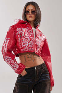 Blouson bomber en cuir PU rouge à capuche, imprimé floral, fermeture éclair, longueur courte, style Y2K, manteau d'automne pour femmes - Product Image 6