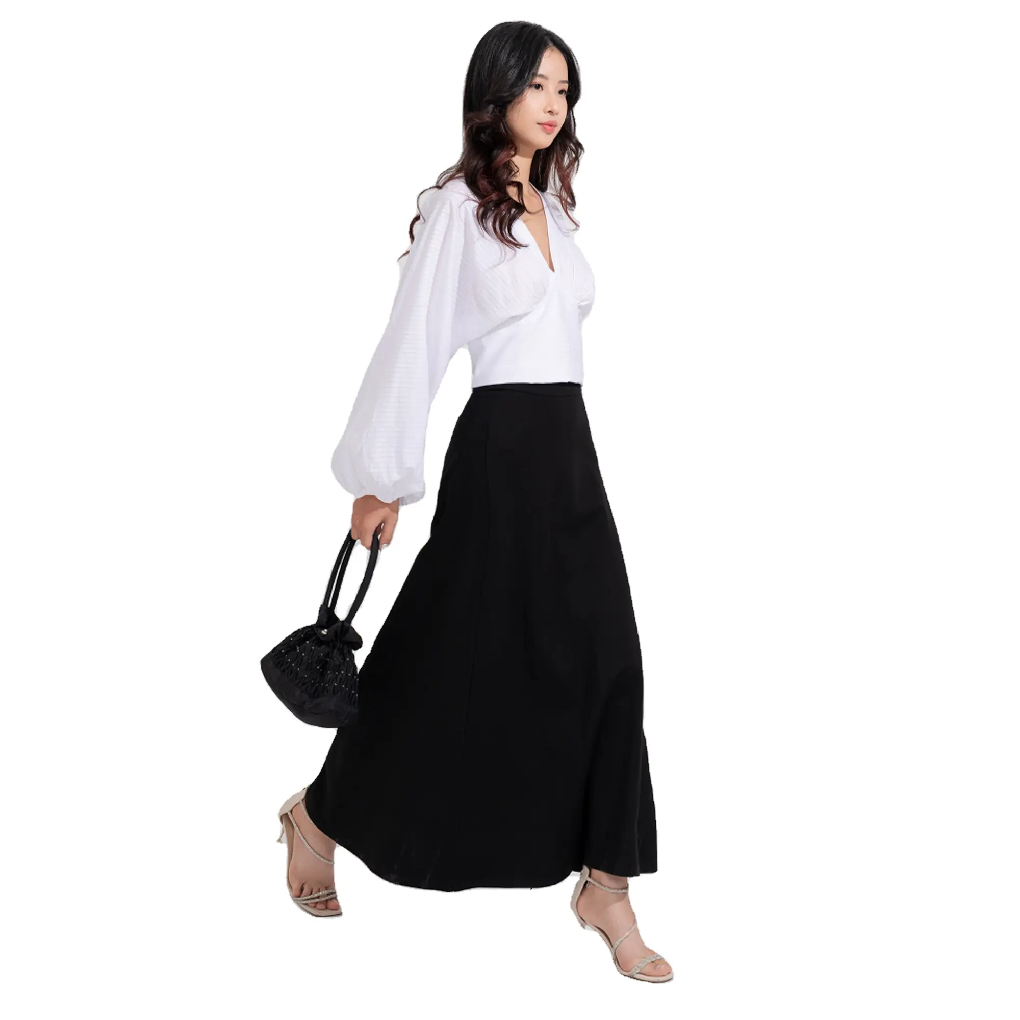 ベトナム製の通学/外出中の女の子のためのコーディネートしやすいソフトコットンブラックマキシスカート