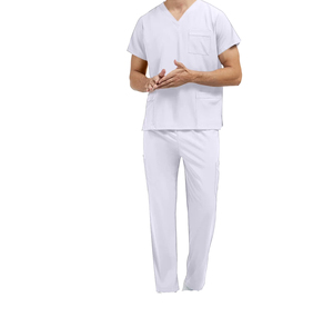 Conjunto de uniforme médico blanco de alta calidad para hombre, de algodón y poliéster tejido, con pantalones con bolsillos y listo para la detección de agujas. - Product Image 3