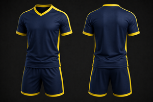 Ensemble de maillots de football personnalisés bleu marine et jaune, uniforme de football haut de gamme, respirant, à séchage rapide, t-shirt et short d'entraînement, vêtements de sport d'équipe - Product Image 1
