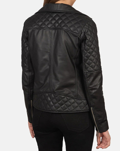Blouson moto matelassé en cuir véritable haute performance pour femme, manches longues, fermeture éclair, col rabattable, style automne, prix abordable - Product Image 4