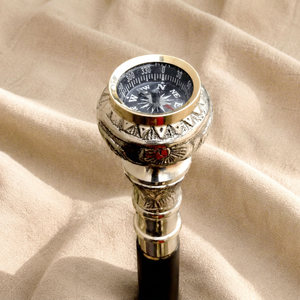 Canne de marche vintage avec boussole, poignée en métal noir et or, motif floral, en bois, pliable en trois sections, style antique pour gentleman - Product Image 4