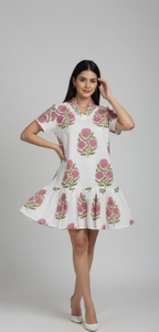 Vestido Mini de Algodón Estampado para Mujer, Estilo Boho Casual, Manga Corta, Corte Regular, Dobladillo Acampanado, para Primavera, Fiesta, Estampado Floral, Línea A, Uso Diario de Verano - Product Image 2