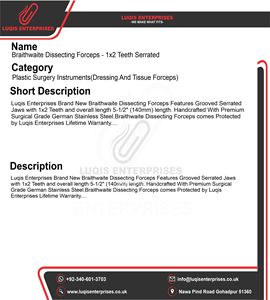 Pinzas de Disección Braithwaite 1x2 con Dientes Serrados, Pinzas Quirúrgicas de Pulgar de Acero Inoxidable, Instrumento Médico - Product Image 5
