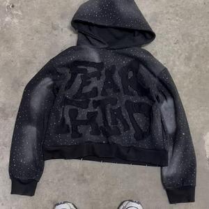 High Quality No <b>Strings</b> Men Custom Distressed Embroidered Patch Hoodie Vintage Acid Washed Full Rhinestones Heavyweight Hoodie - Product Image 3