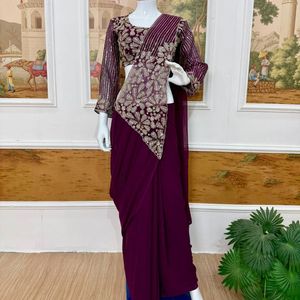 Magnifique sari en georgette prêt-à-porter avec blouse de créateur brodée de semi-perles, prix de gros par Royal Export - Product Image 1