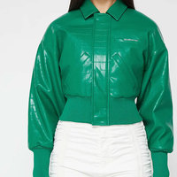 Veste universitaire en cuir PU vert gaufré, col montant, manches classiques, unisexe, imperméable, fermeture éclair, haute qualité
