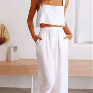 Ensemble coordonné 2 pièces pour femme : débardeur court en lin à col carré sans manches et pantalon large, vente chaude, prix de gros - Product Image 3