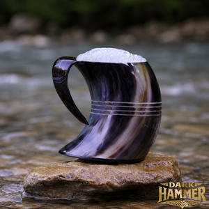 Taza de Beber Hecha a Mano con Diseño Moderno, Ecológica, de Cuerno de Búfalo, con Asa, Estilo Antiguo Vikingo, Base Negra de Cuatro Líneas - Product Image 2