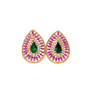 Pear Cut Ruby Stud Earrings 24K Gold Plated Zircon Jewelry - Product Image 3