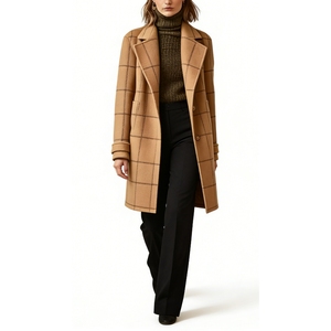 Manteau en laine gris à carreaux pour femme, double boutonnage, col à revers, longueur midi - Product Image 6