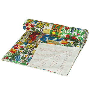 Printed Cotton Kantha Quilt <b>Bedspread</b> Handmade Floral Bed Quilt Portable Throw for Autumn and Winter - Product Image 1