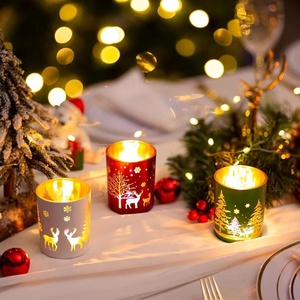 Metal & Glass Christmas Votive Holders <b>Set</b> Of 3 Festive Reindeer Tree Design In Red Green & White <b>Colour</b> For Decor And Gifting - Product Image 5