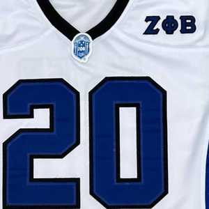 Zeta Phi Beta White Football Jersey Women Blue Embroidery Applique Loose Fit Polyester Short Sleeve Sports Top Stylish Outfit - Product Image 5