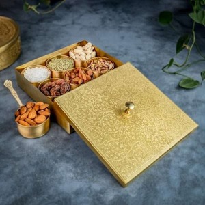 Ethnic Indian Brass <b>Masala</b> Dabba With Floral Engraved Lid & Spoon Round Multi Bowl Spice Storage <b>Box</b> For Home Kitchen - Product Image 2